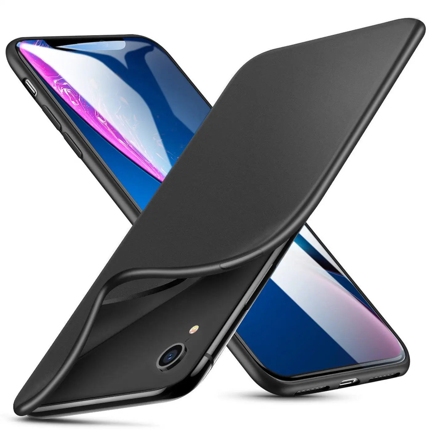 Schwarze matte Silikonhülle für iPhone XR, von schräg oben fotografiert.