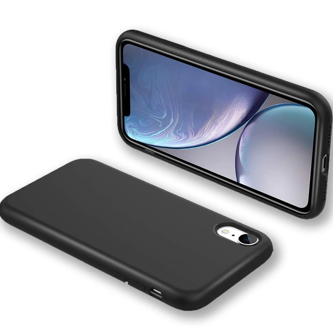 Schwarze Silikonhülle für iPhone XR, von schräg oben, matt.