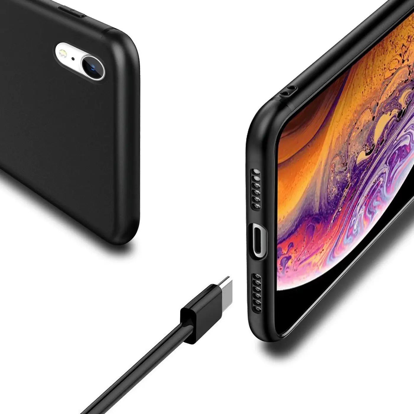 Schwarze Silikonhülle für iPhone XR, Rückseite und Seite, mit Ladekabel.