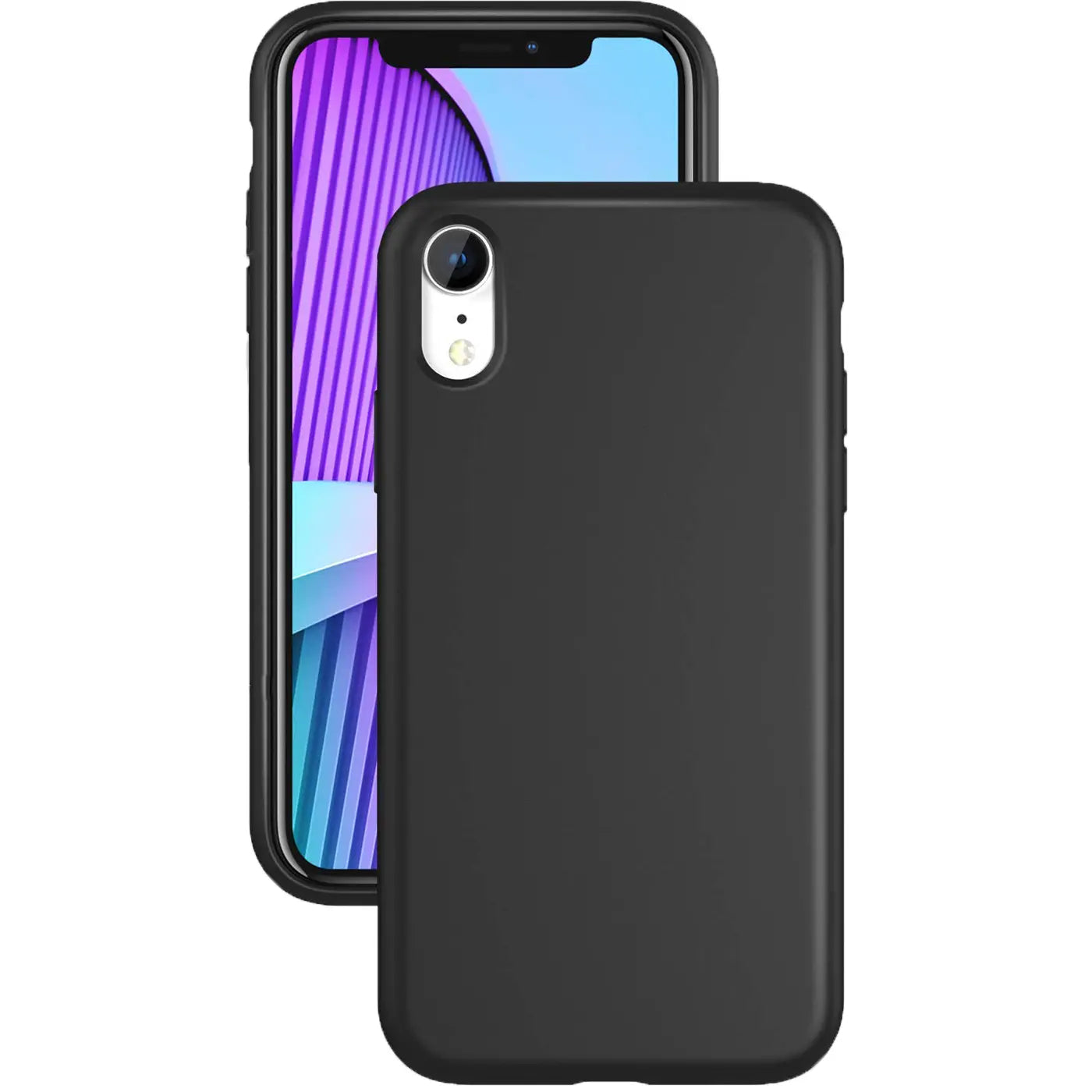 Schwarze matte Silikonhülle für iPhone XR, von vorne gesehen.