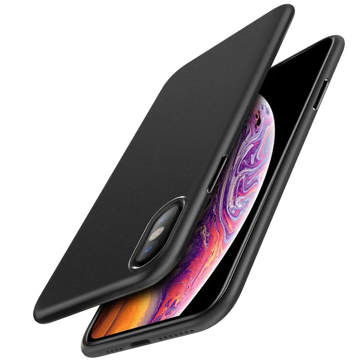 Schwarze Silikonhülle für iPhone Xs Max, von schräg oben gezeigt.