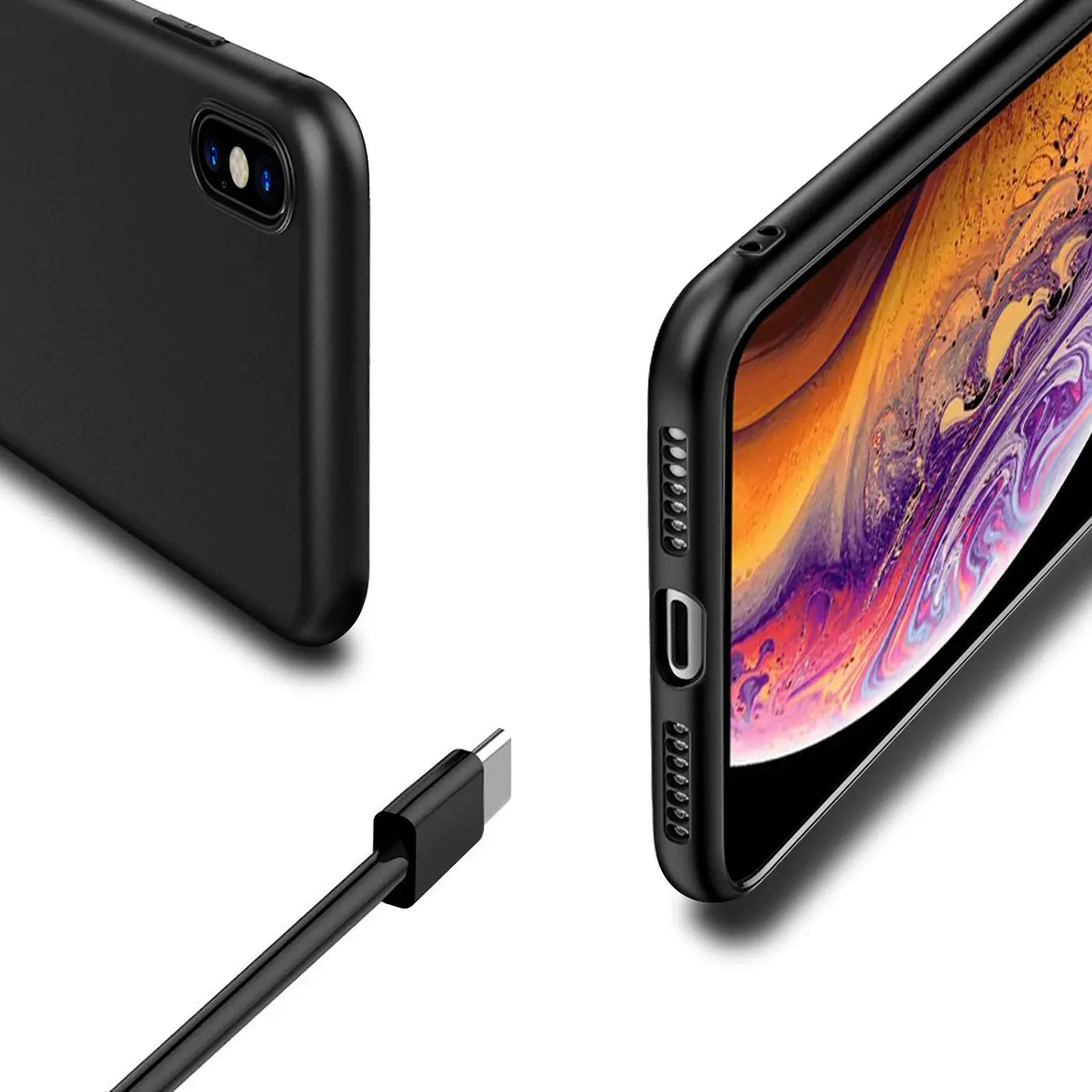 Schwarze Silikonhülle für iPhone Xs Max, von schräg oben, mit Ladekabel.