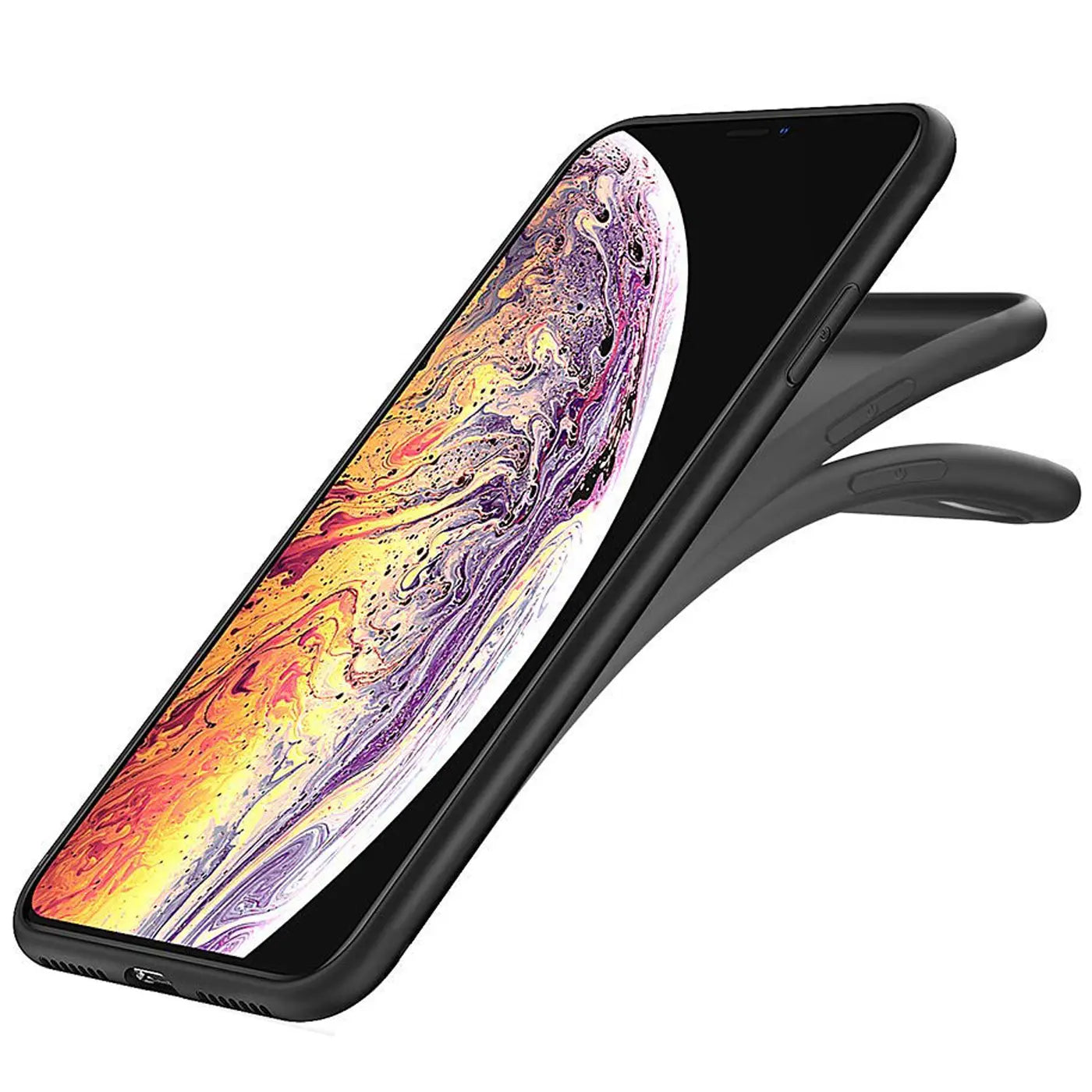 Schwarze matte Silikonhülle, die sich vom iPhone Xs Max löst, Seitenansicht.