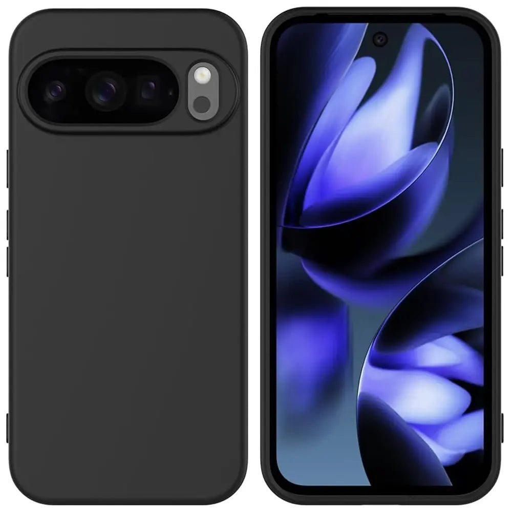Rück- und Vorderseite eines Google Pixel 10 Pro mit schwarzer, matter Silikonhülle. Rückseite zeigt Kamera und Blitz.
