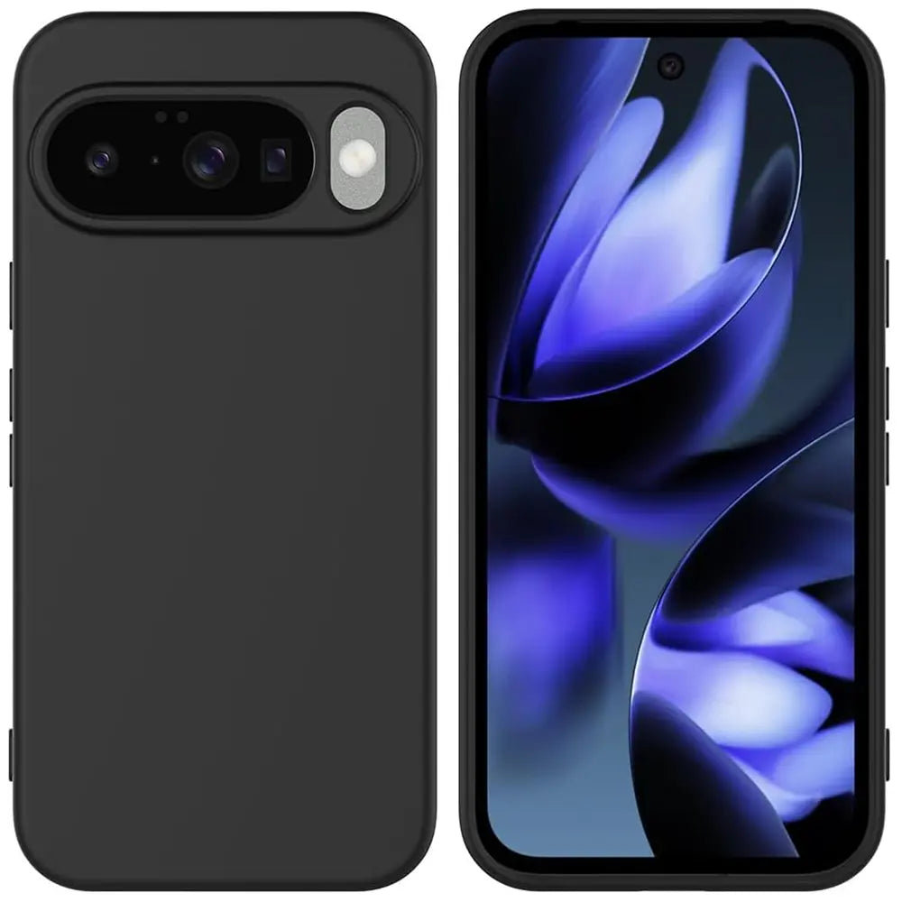 Google Pixel 10 in schwarzer, matter Silikonhülle, Rück- und Vorderseite nebeneinander, leicht schräg von oben.