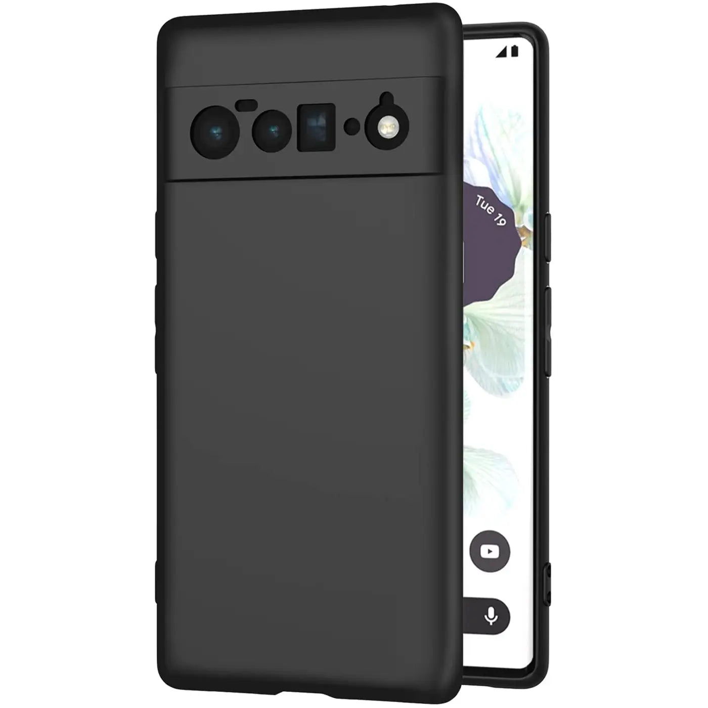 Schwarze, matte Silikonhülle für Google Pixel 6 Pro, leicht schräg von hinten links gezeigt, Display rechts sichtbar.