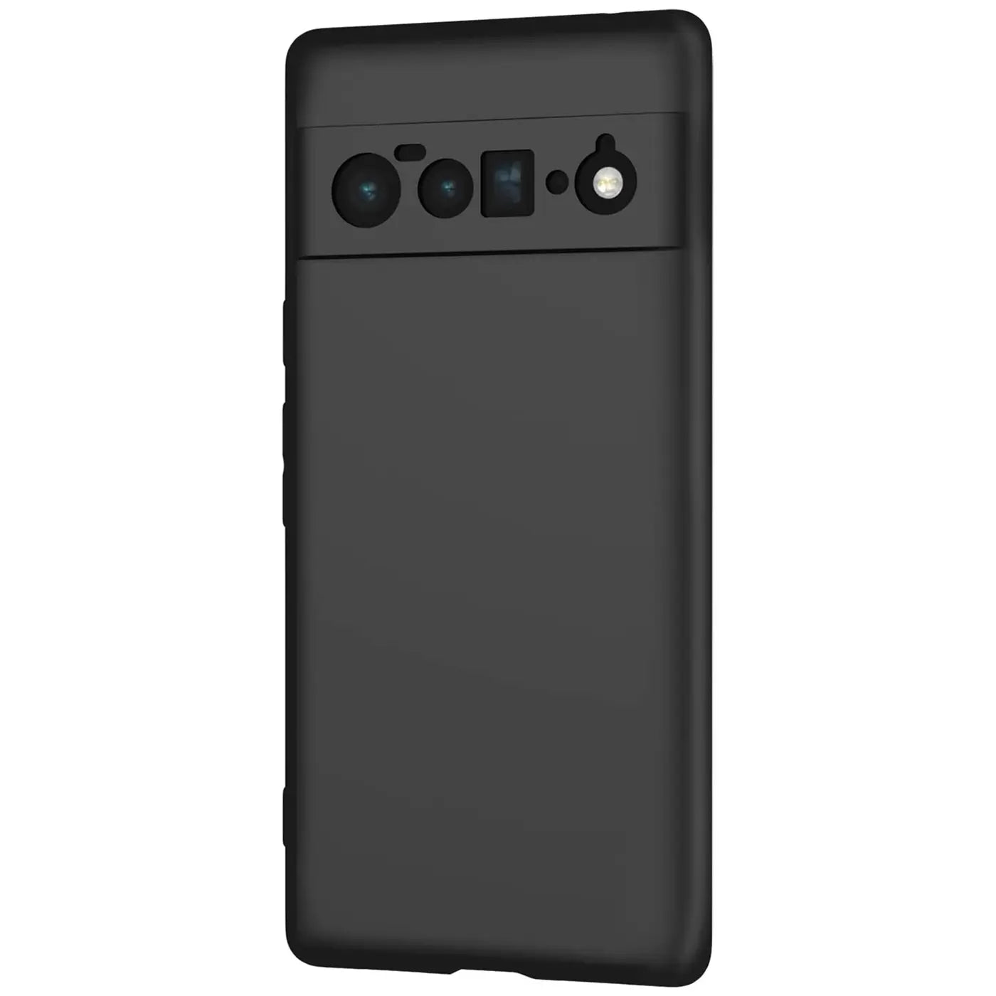 Rückansicht eines Google Pixel 6 Pro in einer mattschwarzen Silikonhülle, Kameraausschnitte sichtbar.