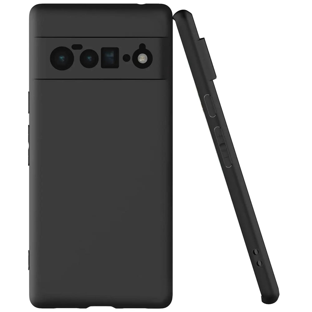 Google Pixel 6 Pro Slim Silikon Hülle, matt schwarz. Rückseite mit Kameraausschnitt und Seitenansicht mit Tasten.