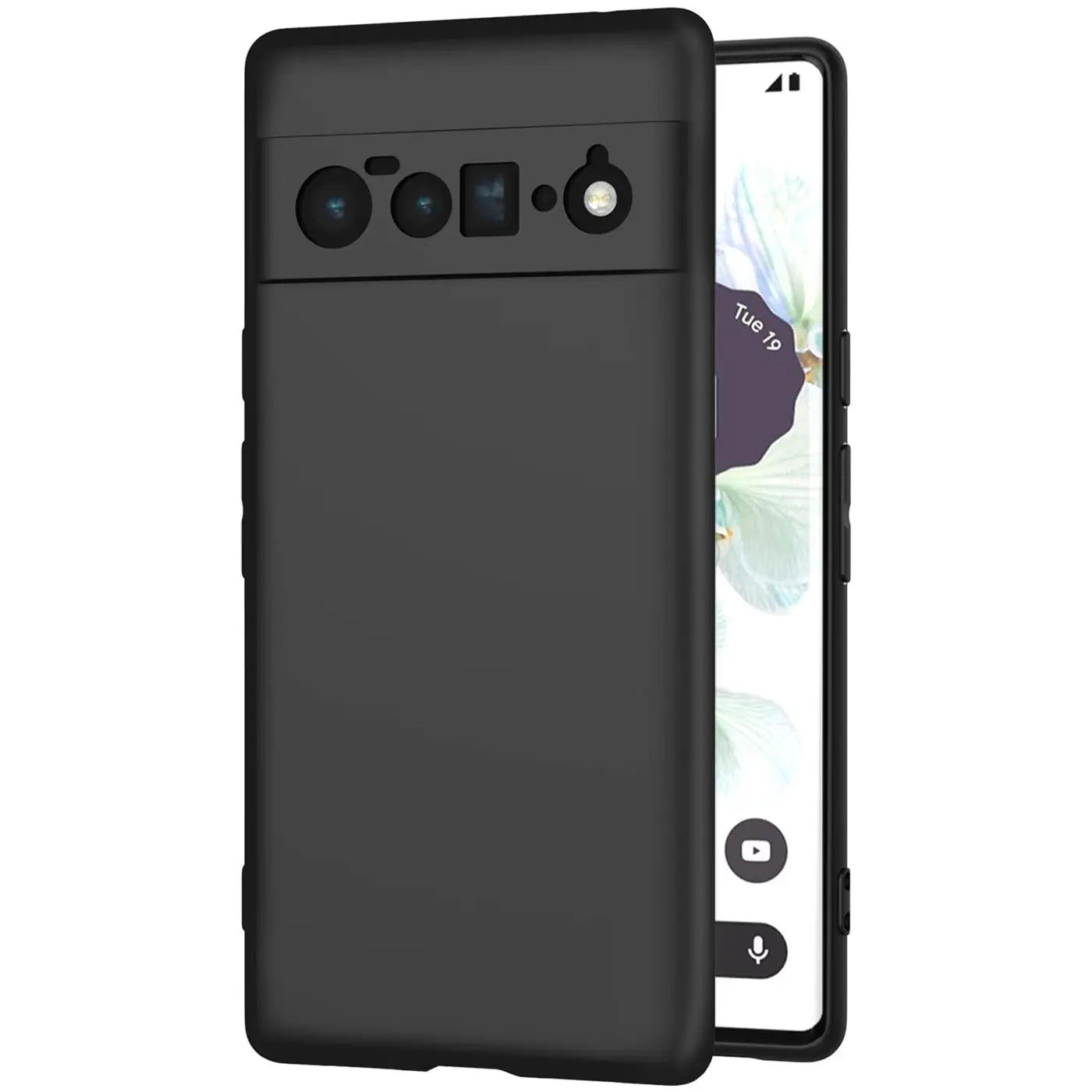 Google Pixel 6 in schwarzer, matter Silikonhülle, schräg von hinten rechts mit sichtbarem Display.
