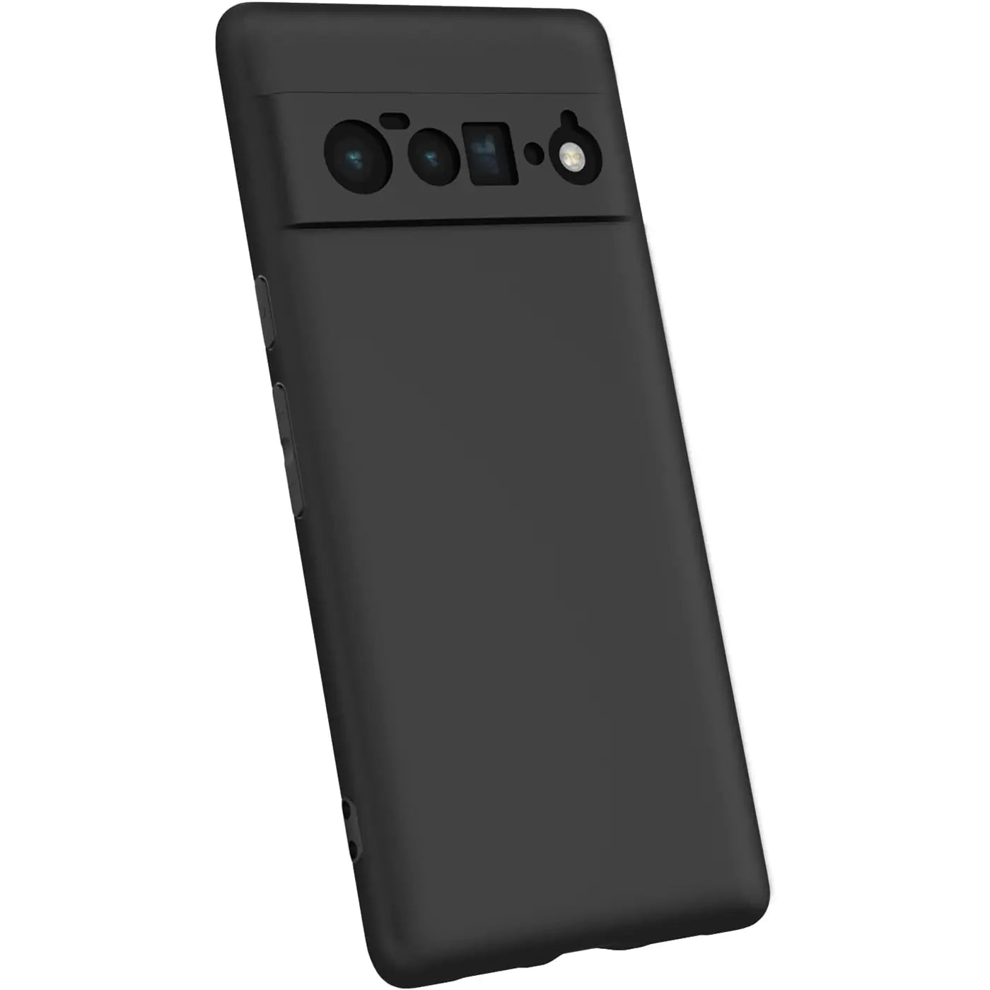 Schwarze, matte Silikonhülle für Google Pixel 6, schräg von hinten links oben fotografiert.