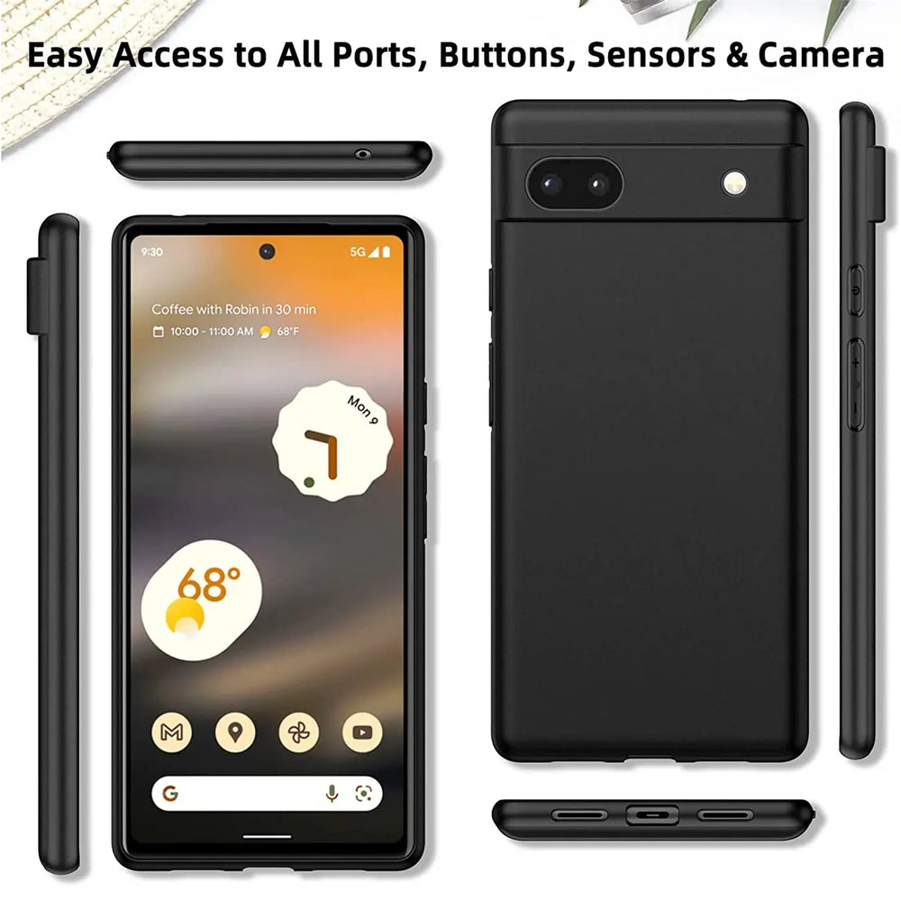 Google Pixel 6a in schwarzer, matter Silikonhülle, von vorne, hinten und den Seitenansichten.