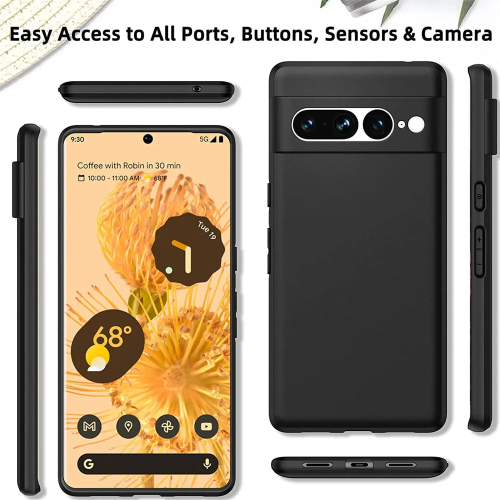 Google Pixel 7 Pro in matter, schwarzer Silikonhülle, von vorne, hinten, oben, unten und den Seiten gezeigt.