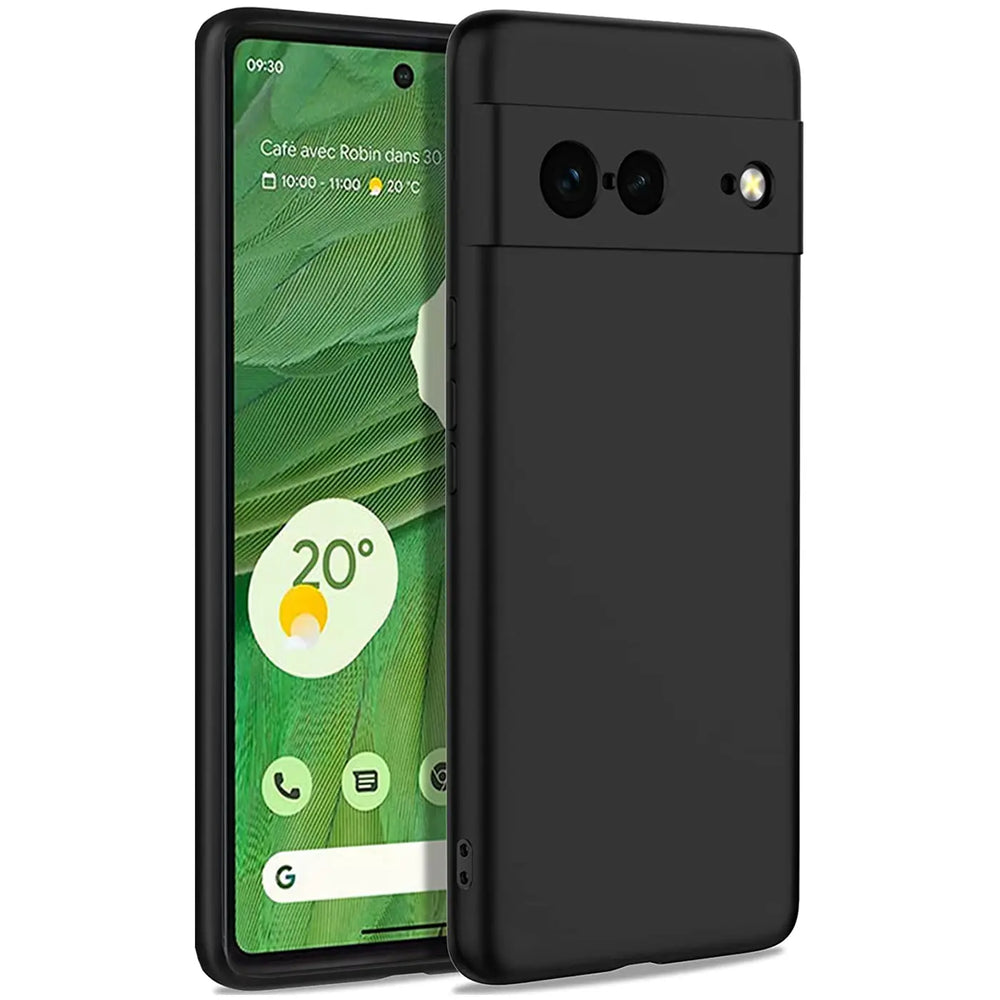 Schwarze, matte Silikonhülle für Google Pixel 7, schräg von hinten rechts mit leicht sichtbarem Display.