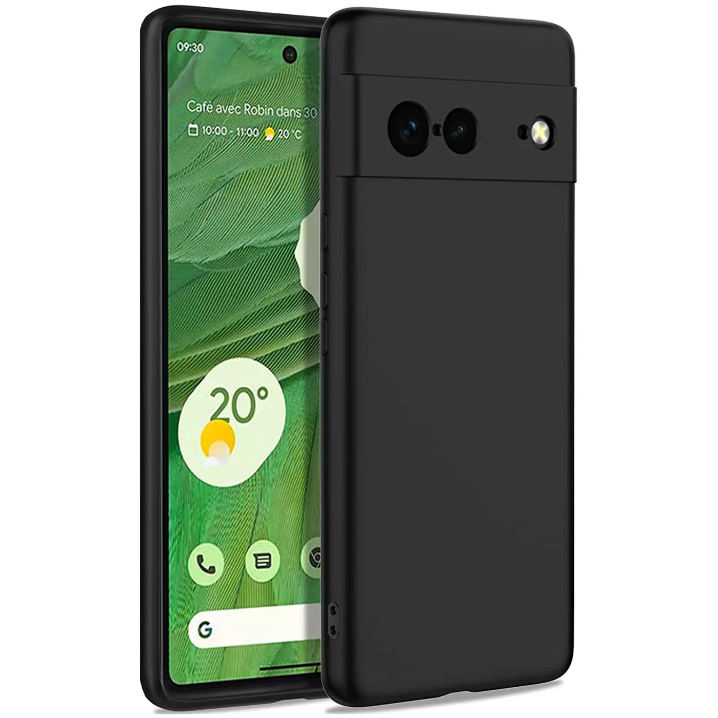 Schwarze, matte Silikonhülle für Google Pixel 7, schräg von hinten rechts mit leicht sichtbarem Display.