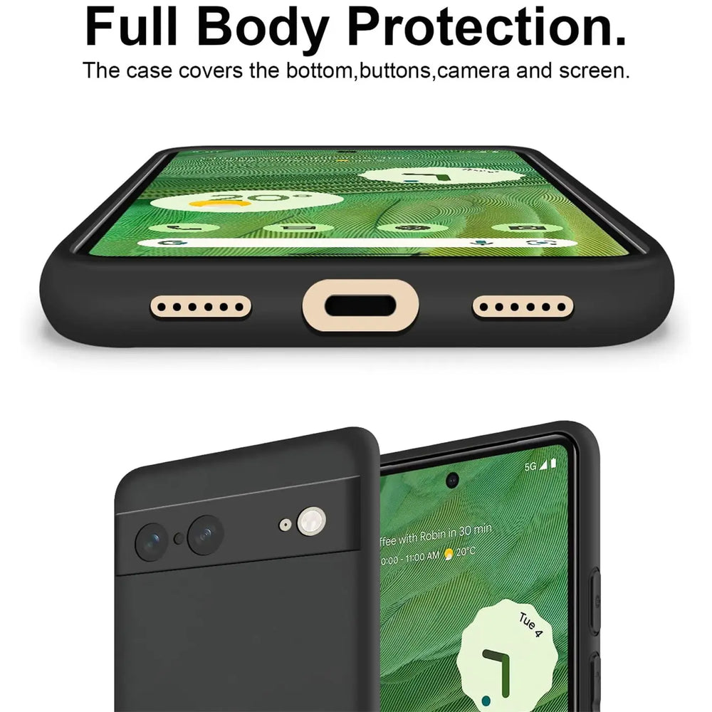 Google Pixel 7 in matter schwarzer Silikonhülle, Unterseite mit Aussparungen, Rückseite mit Kamera.