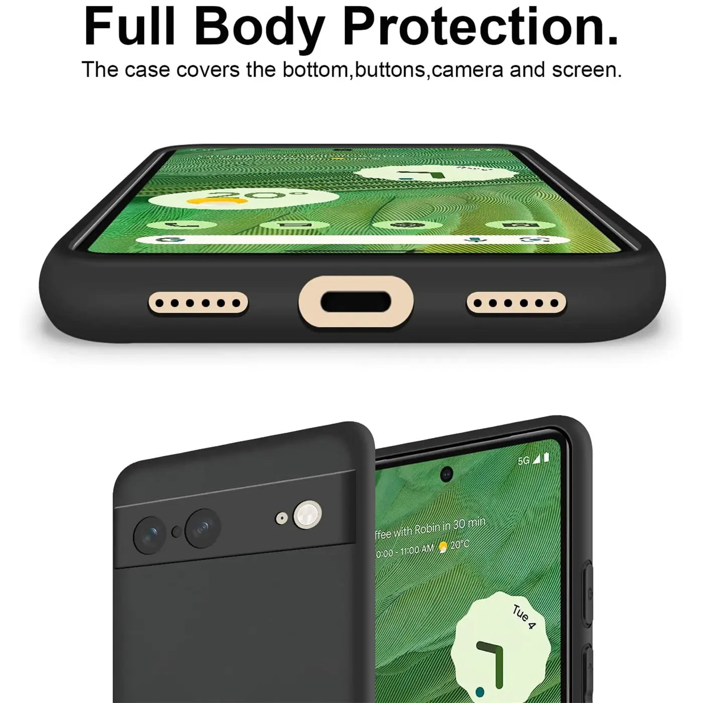 Google Pixel 7 in matter schwarzer Silikonhülle, Unterseite mit Aussparungen, Rückseite mit Kamera.