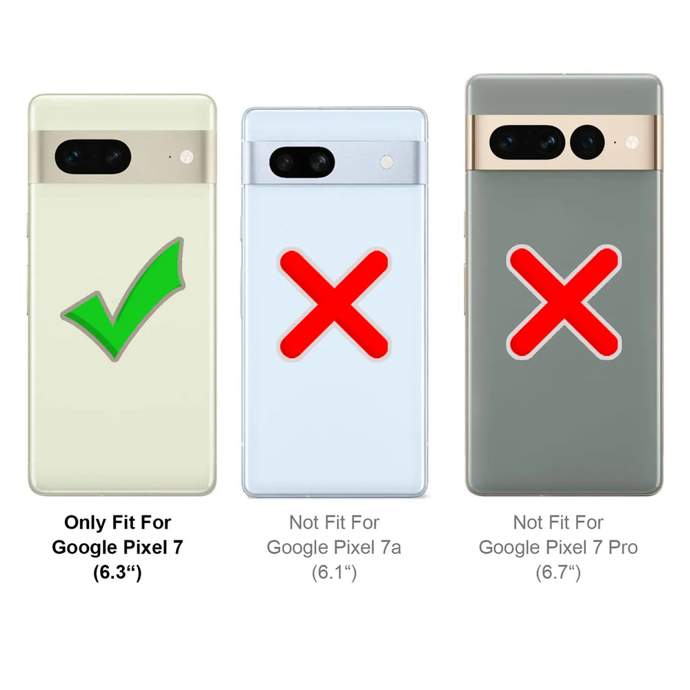 Drei Google Pixel-Rückseiten: links Pixel 7 mit grünem Haken, mittig Pixel 7a mit rotem X, rechts Pixel 7 Pro mit rotem X.