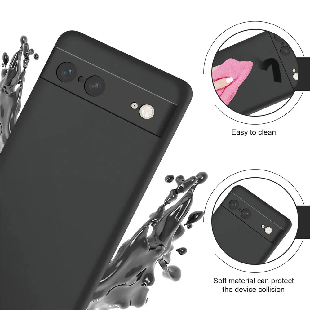 Rückseite eines Google Pixel 7 in schwarzer, matter Silikonhülle, schräg von oben. Schwarze Flüssigkeit spritzt.