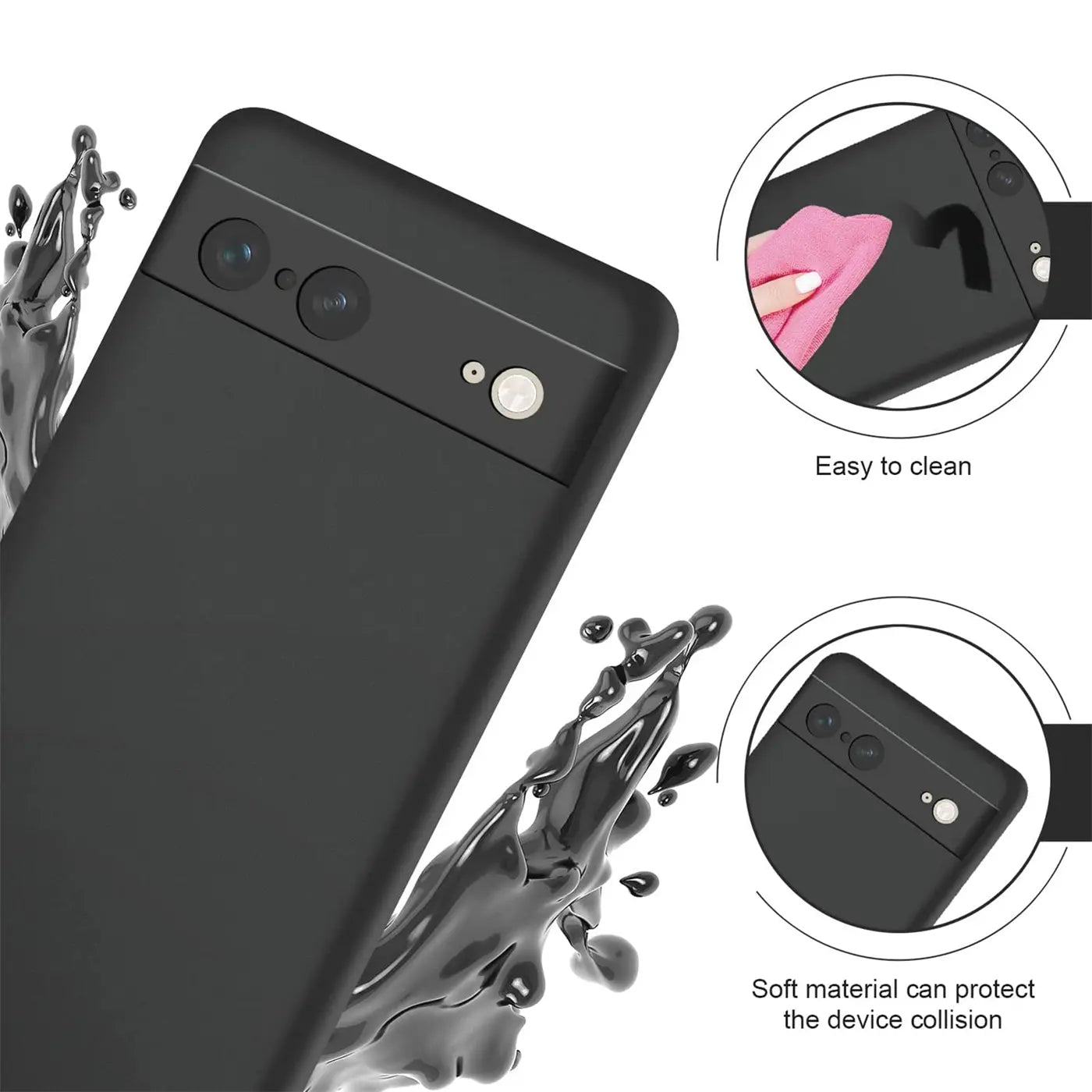 Rückseite eines Google Pixel 7 in schwarzer, matter Silikonhülle, schräg von oben. Schwarze Flüssigkeit spritzt.