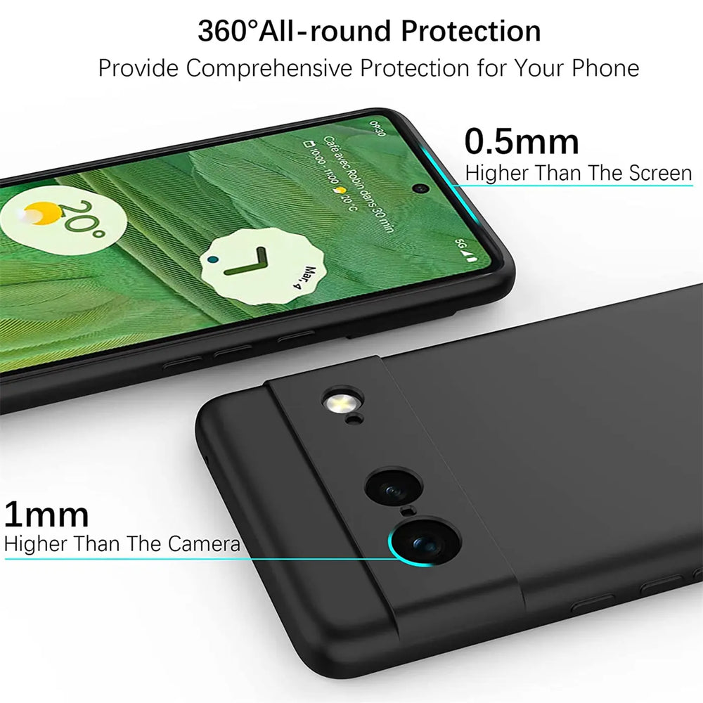 Schwarze, matte Silikonhülle für Google Pixel 7, Vorder- und Rückseite schräg von oben.