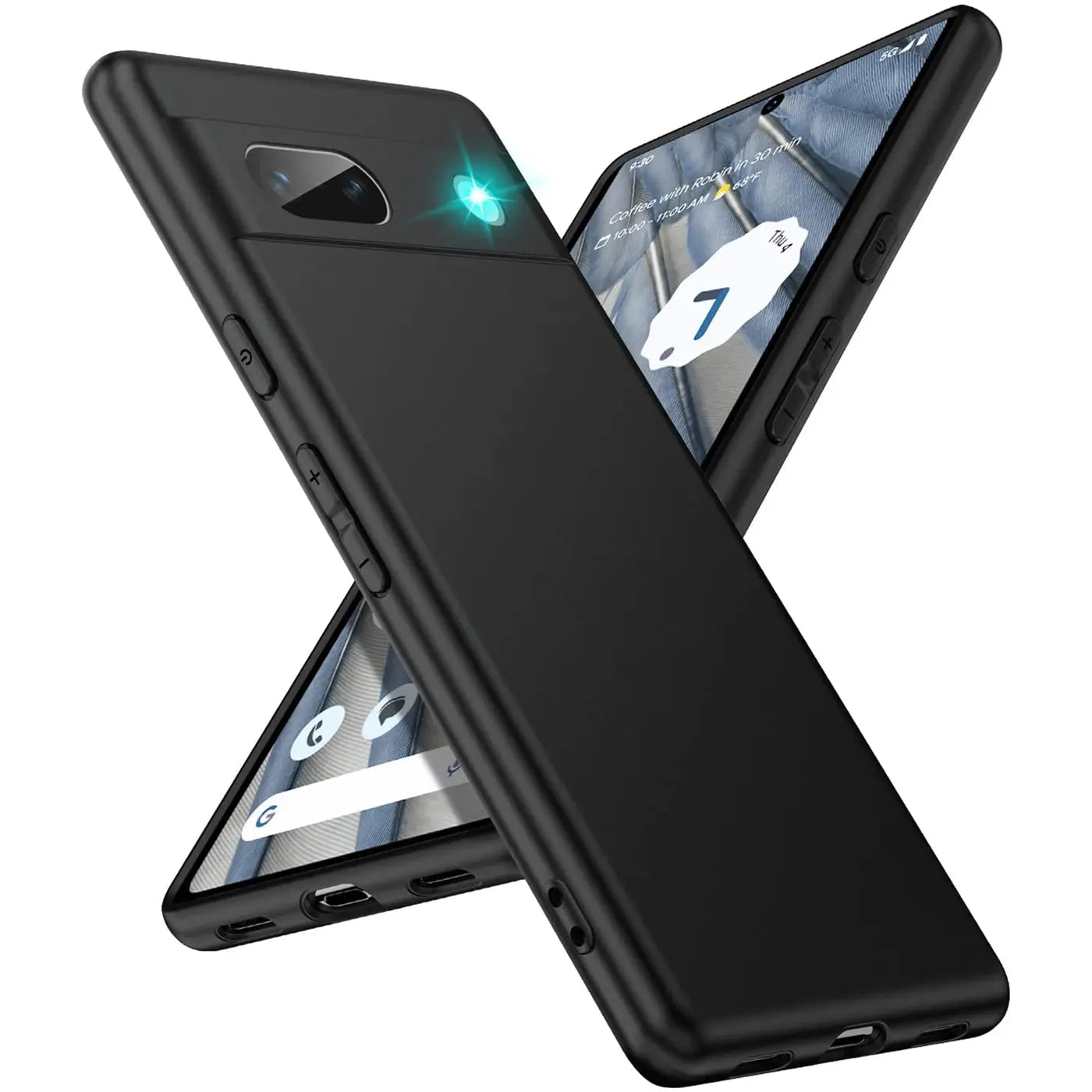 Zwei schwarze, matte Silikonhüllen für Google Pixel 7a, schräg von hinten und vorne gezeigt, weißer Hintergrund.