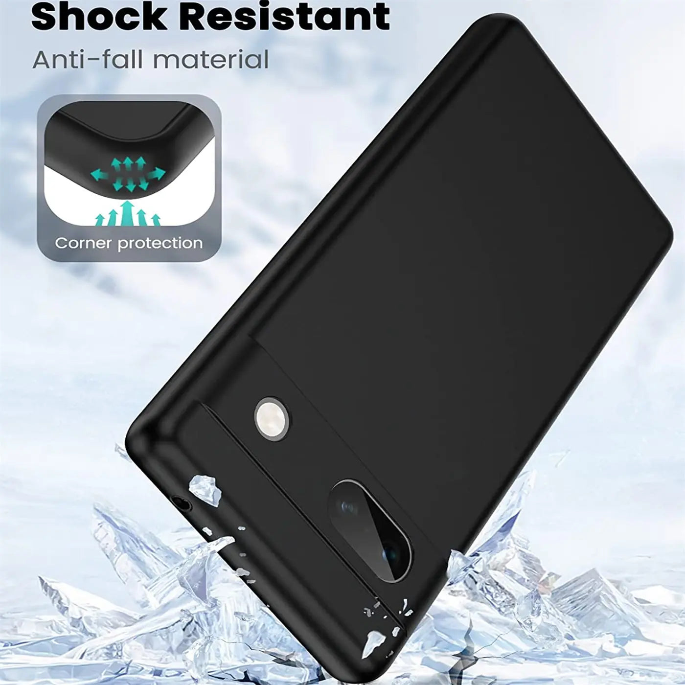 Schwarze, matte Silikonhülle für Google Pixel 7a, schräg von hinten gezeigt, mit Eissplittern am unteren Rand.