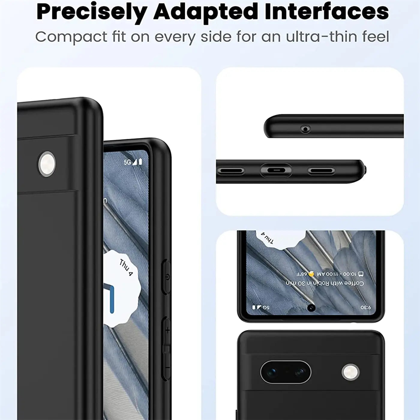Google Pixel 7a in schwarzer, matter Silikonhülle, Seitenansicht mit Aussparungen für Anschlüsse und Tasten.