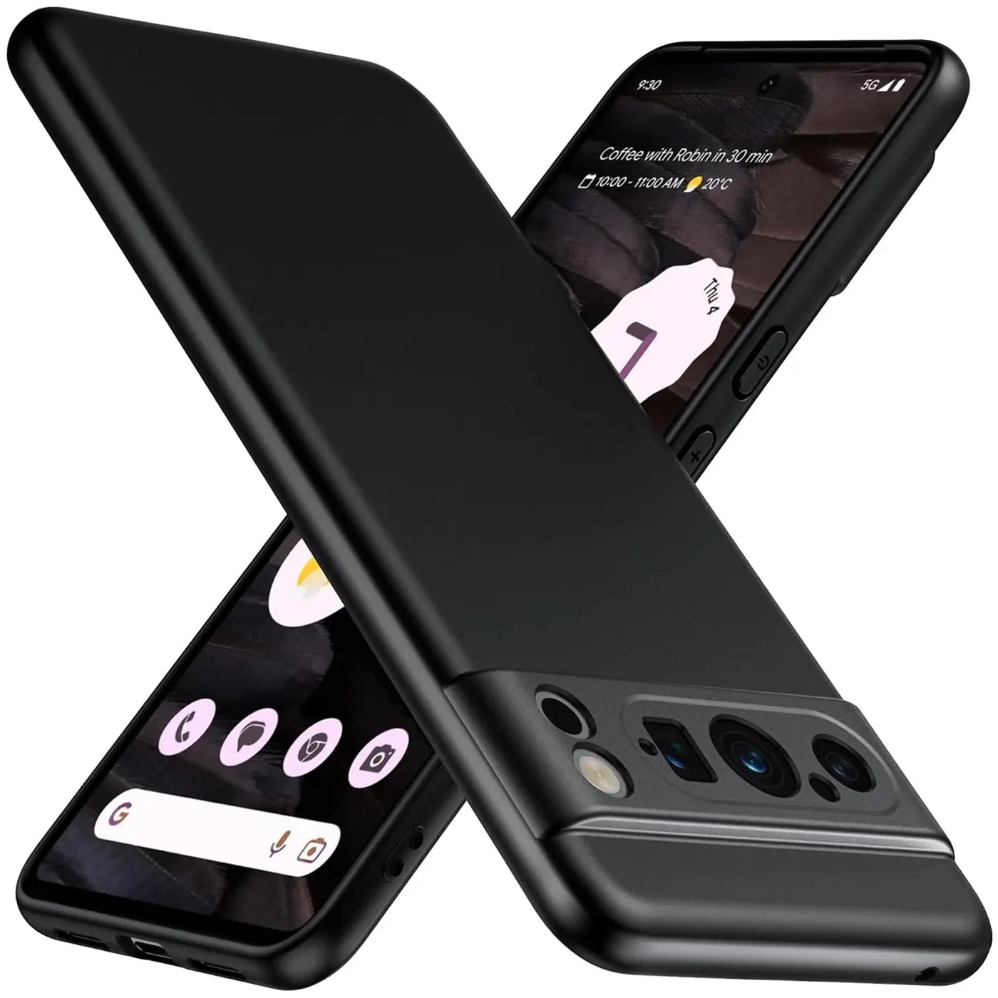 Zwei Google Pixel 8 Pro Smartphones mit mattschwarzen Silikonhüllen, schräg von oben gekreuzt auf weißem Grund.
