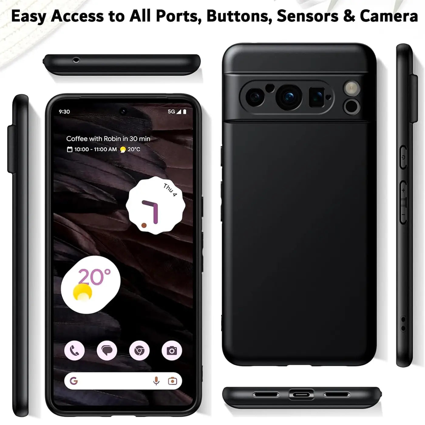 Google Pixel 8 Pro mit schwarzer, matter Silikonhülle, aus sechs Perspektiven: Vorder-, Rück-, Ober-, Unter- und.