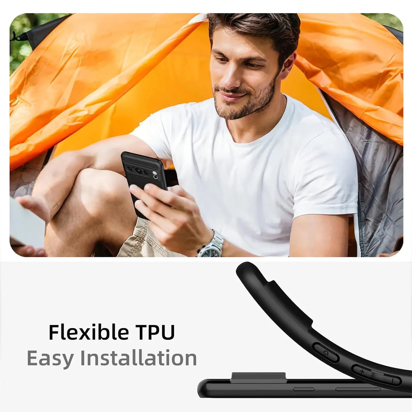 Mann im Zelt hält schwarzes Google Pixel 8 Pro mit matter Silikonhülle. Unten: Detailansicht der schwarzen TPU-Hülle.