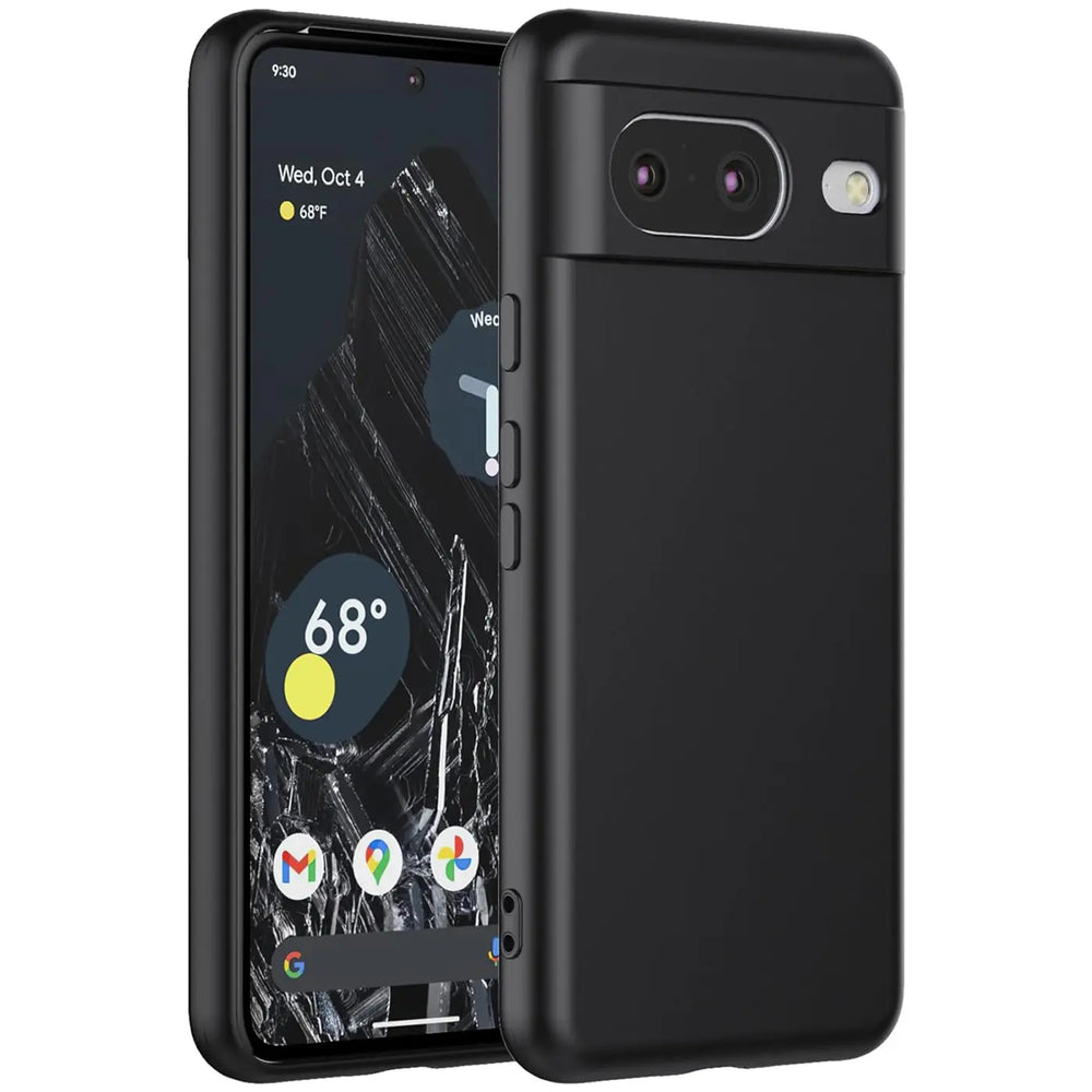 Schwarze, matte Silikonhülle für Google Pixel 8, von vorne links und hinten rechts gezeigt, auf weißem Hintergrund.