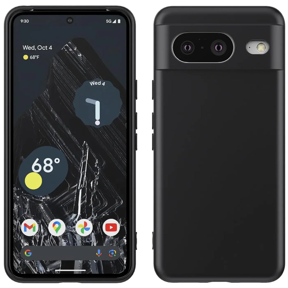 Google Pixel 8 in schwarzer, matter Silikonhülle, Vorder- und Rückseite nebeneinander, leicht schräg von oben.