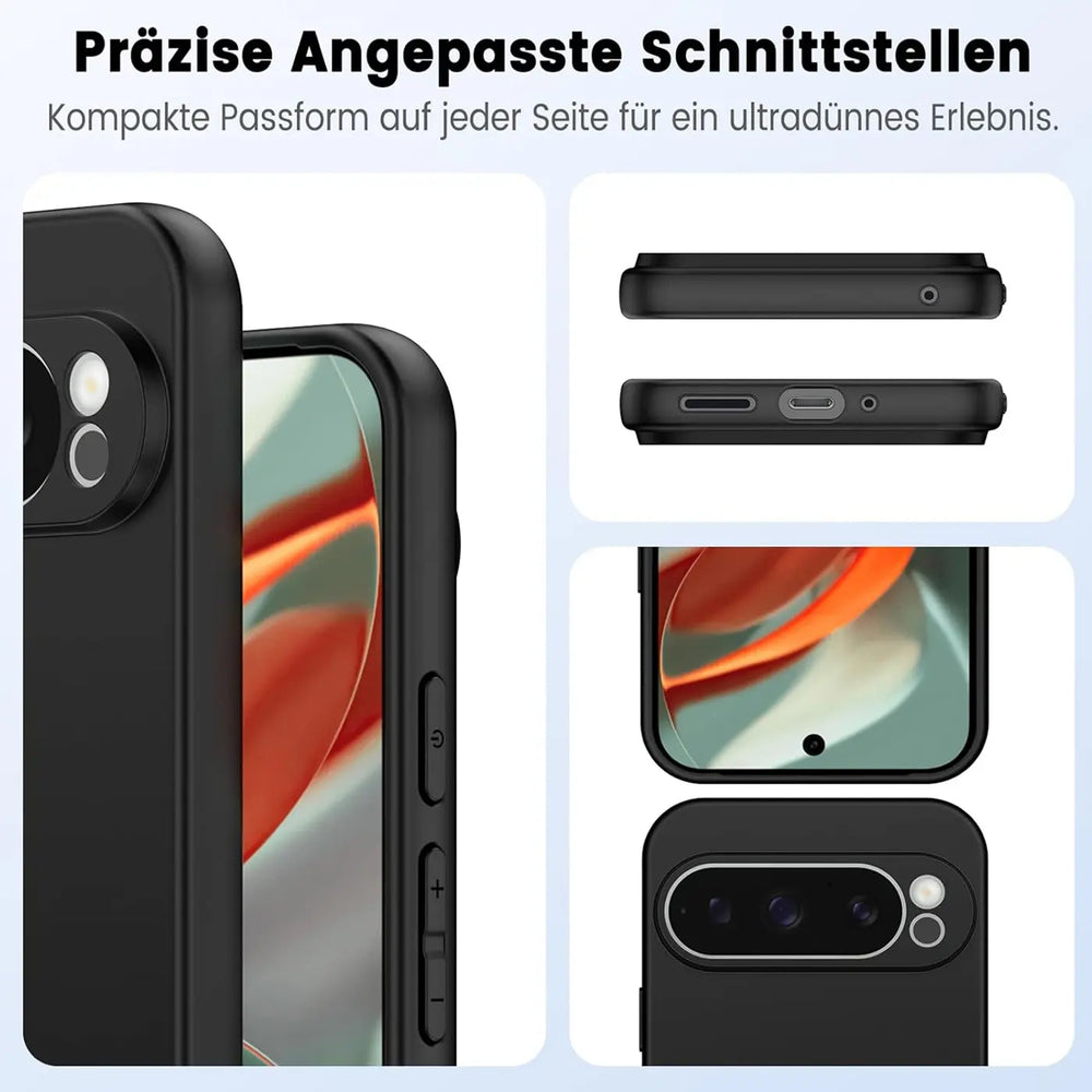 Nahaufnahme einer mattschwarzen Silikonhülle für das Google Pixel 9 Pro aus verschiedenen Perspektiven, die präzise.