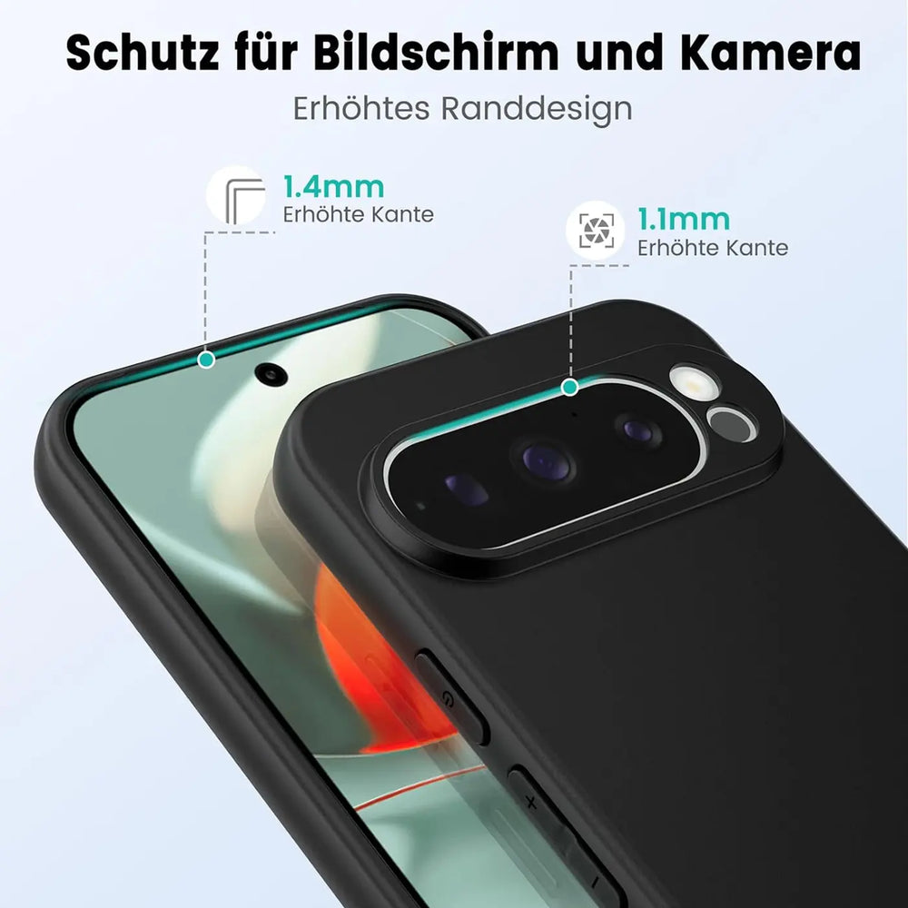 Schwarze, matte Silikonhülle für Google Pixel 9 Pro XL, schräg von oben. Erhöhte Ränder schützen Display und Kamera.
