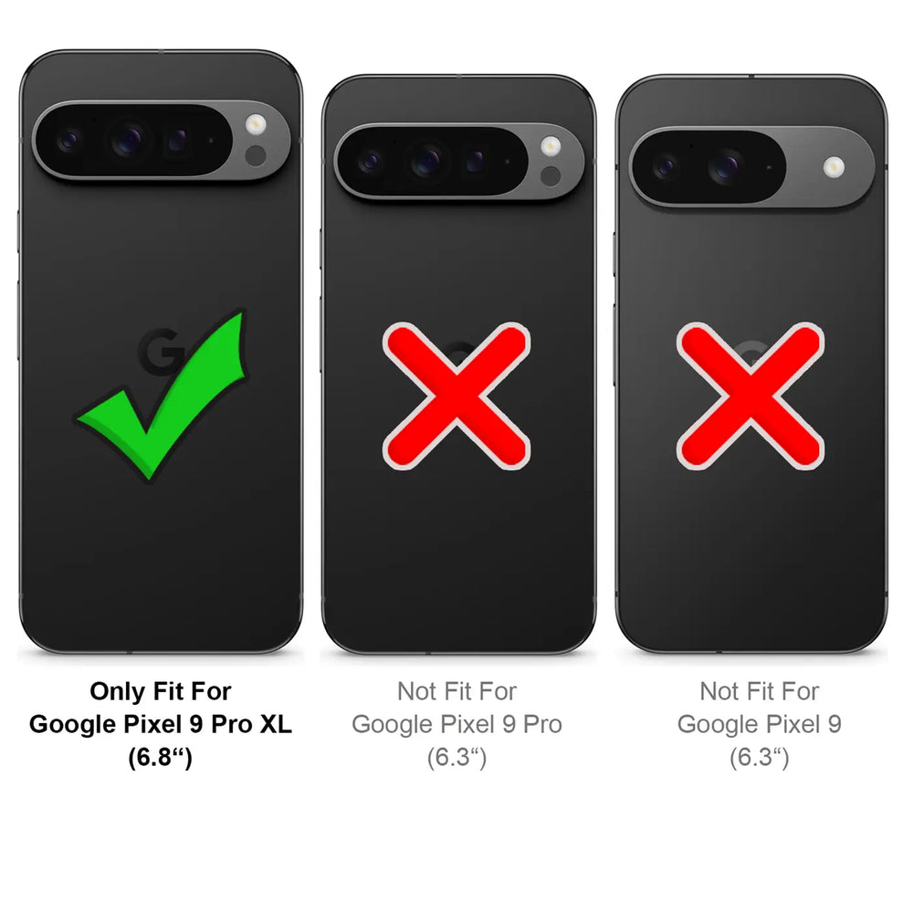 Drei schwarze Google Pixel 9 Pro XL Rückseiten mit Kamera, von oben. Links Haken, Mitte und rechts rotes X.