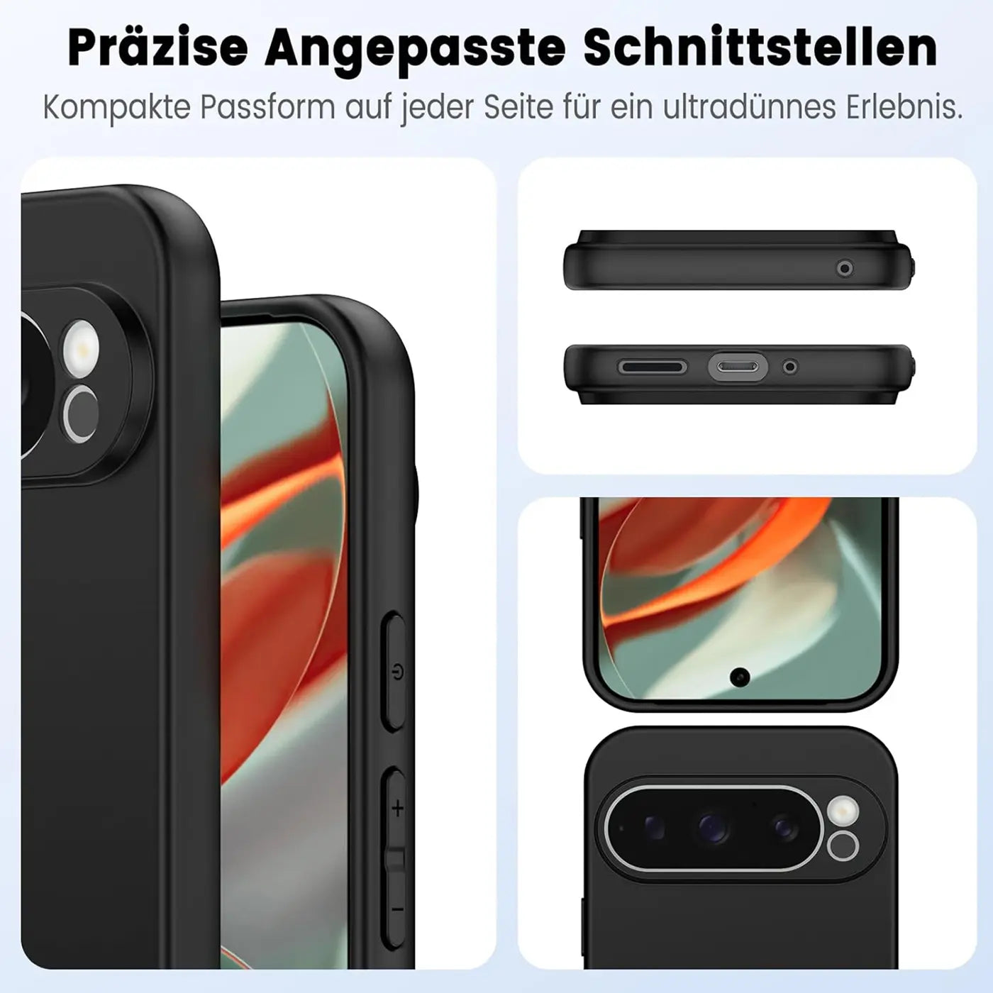 Schwarze, matte Silikonhülle für Google Pixel 9 Pro XL, Nahaufnahme von Seiten, Ober- und Unterseite mit Aussparungen.