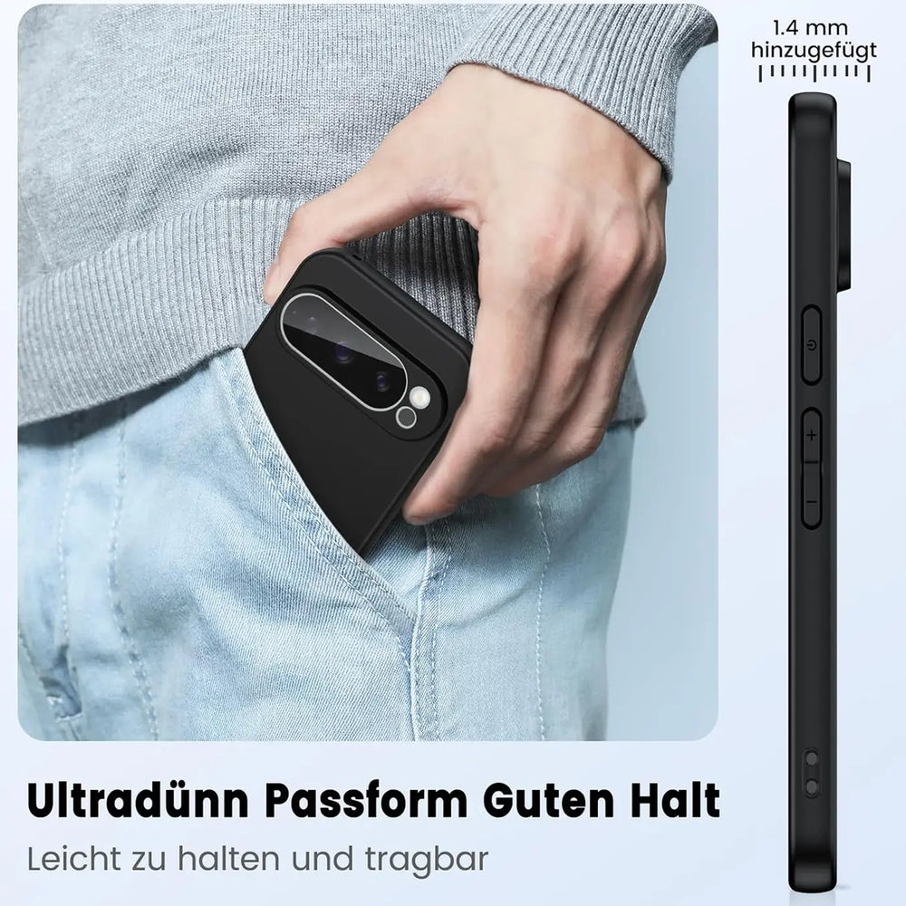 Schwarze, matte Silikonhülle für Google Pixel 9 Pro XL, von Hand in Hosentasche gesteckt, Seitenansicht der Hülle.