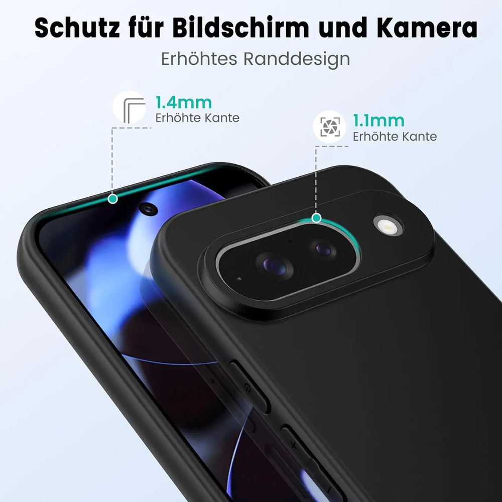 Schwarze, matte Silikonhülle für Google Pixel 9, schräg von oben. Erhöhte Ränder (1.4mm Display, 1.1mm Kamera).