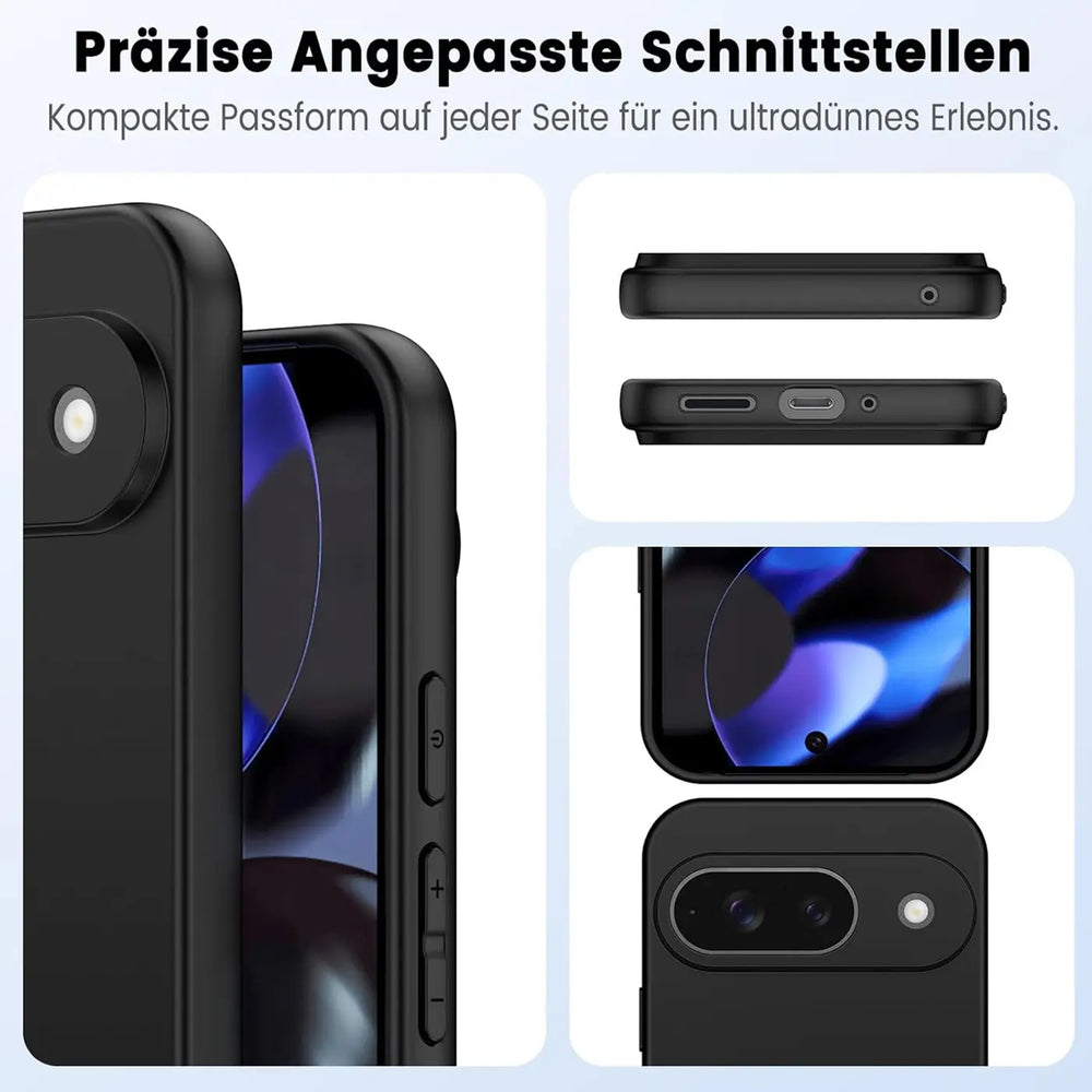 Google Pixel 9 in schwarzer, matter Silikonhülle, Nahaufnahme von Seiten, Ober- und Unterseite mit Aussparungen.