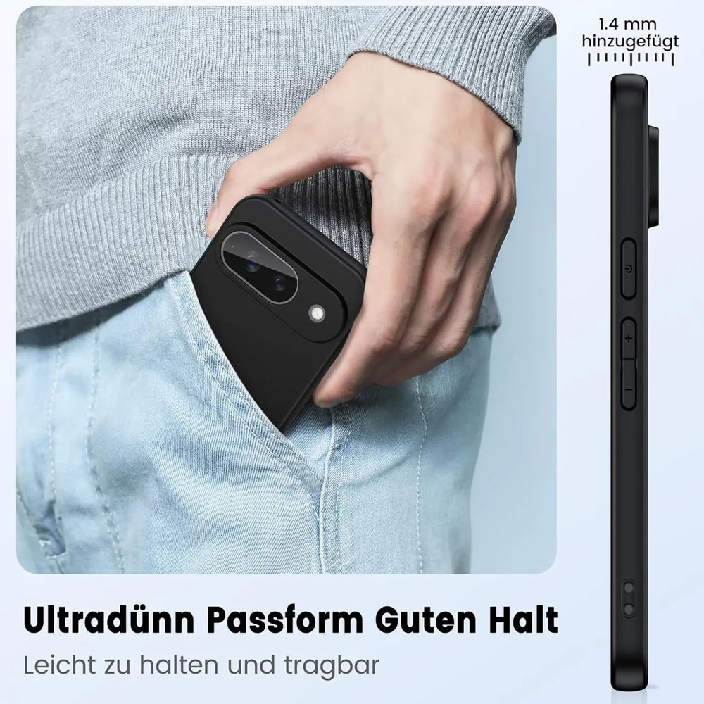 Schwarze, matte Silikonhülle für Google Pixel 9, von oben in Hosentasche gesteckt; Seitenansicht mit 1,4mm Dicke.
