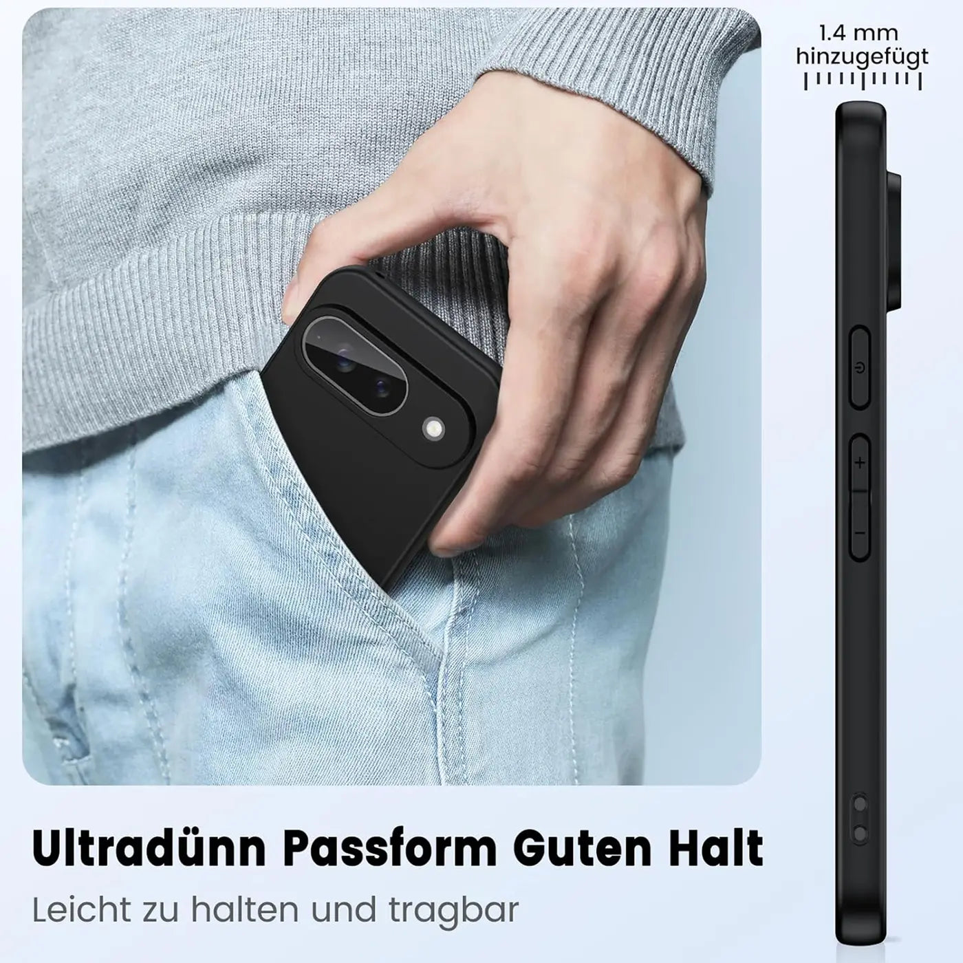 Schwarze, matte Silikonhülle für Google Pixel 9, von oben in Hosentasche gesteckt; Seitenansicht mit 1,4mm Dicke.