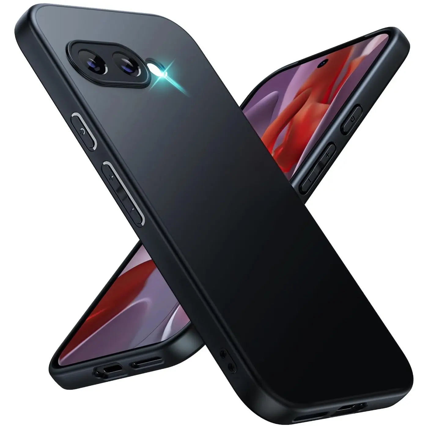 Zwei schwarze, matte Silikonhüllen für Google Pixel 9a, schräg übereinander, zeigen Rückseite und Seiten.