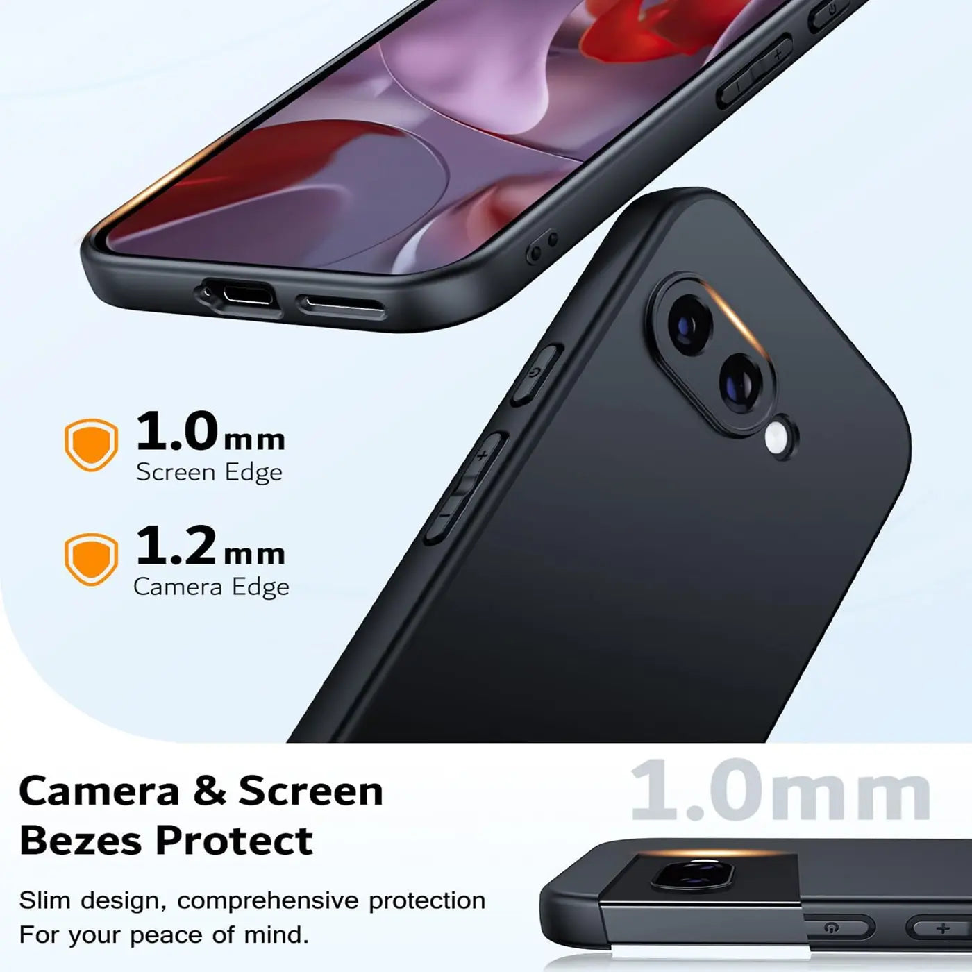 Schwarze, matte Silikonhülle für Google Pixel 9a, schräg von oben. Erhöhte Ränder für Kamera und Display sichtbar.