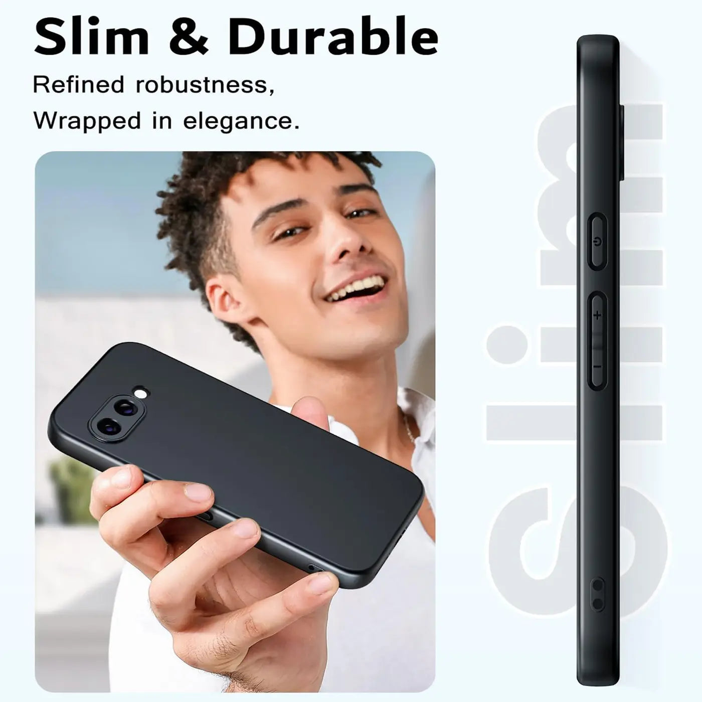 Mann hält schwarze, matte Silikonhülle für Google Pixel 9a; Seitenansicht der Hülle mit Tasten.