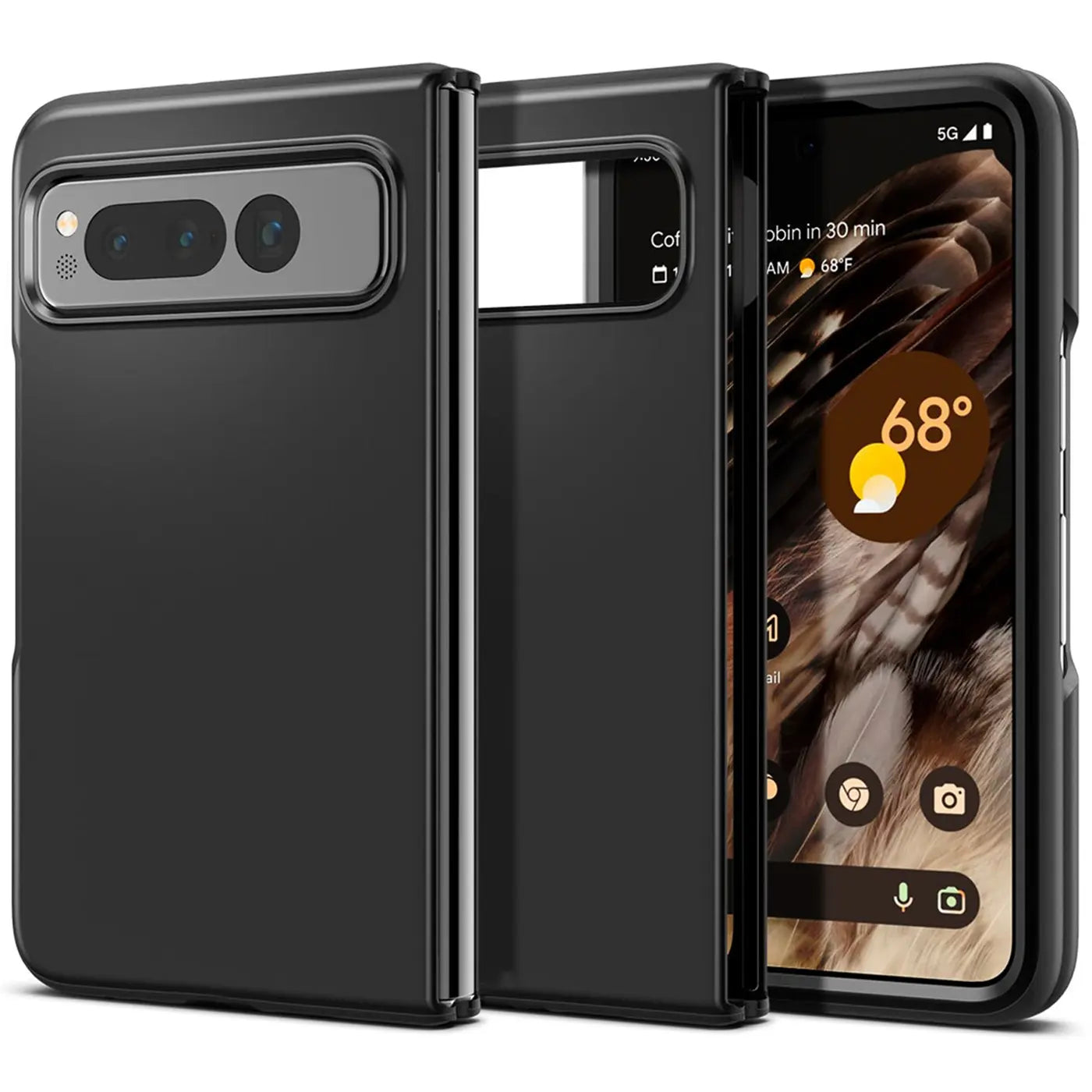 Google Pixel Fold in schwarzer, matter Silikonhülle, leicht geöffnet, von vorne rechts oben fotografiert.