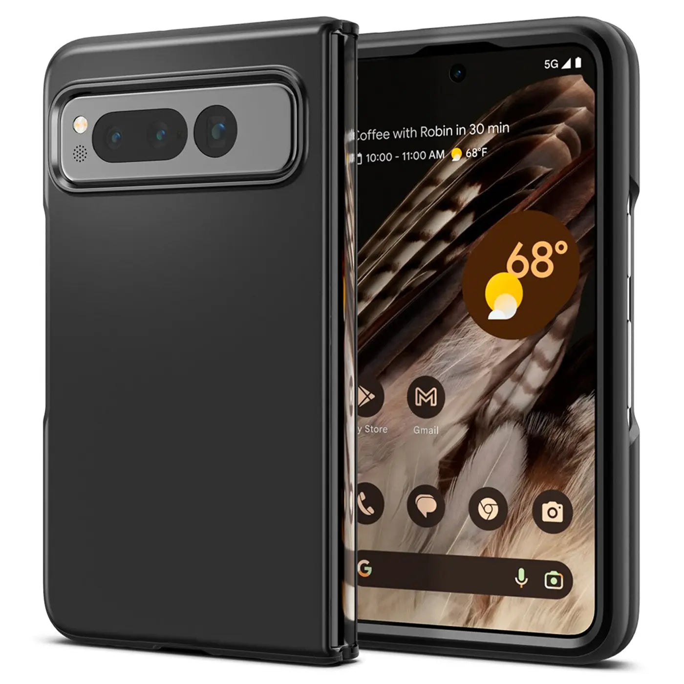 Google Pixel Fold in schwarzer, matter Silikonhülle, leicht geöffnet, von vorne rechts oben fotografiert.