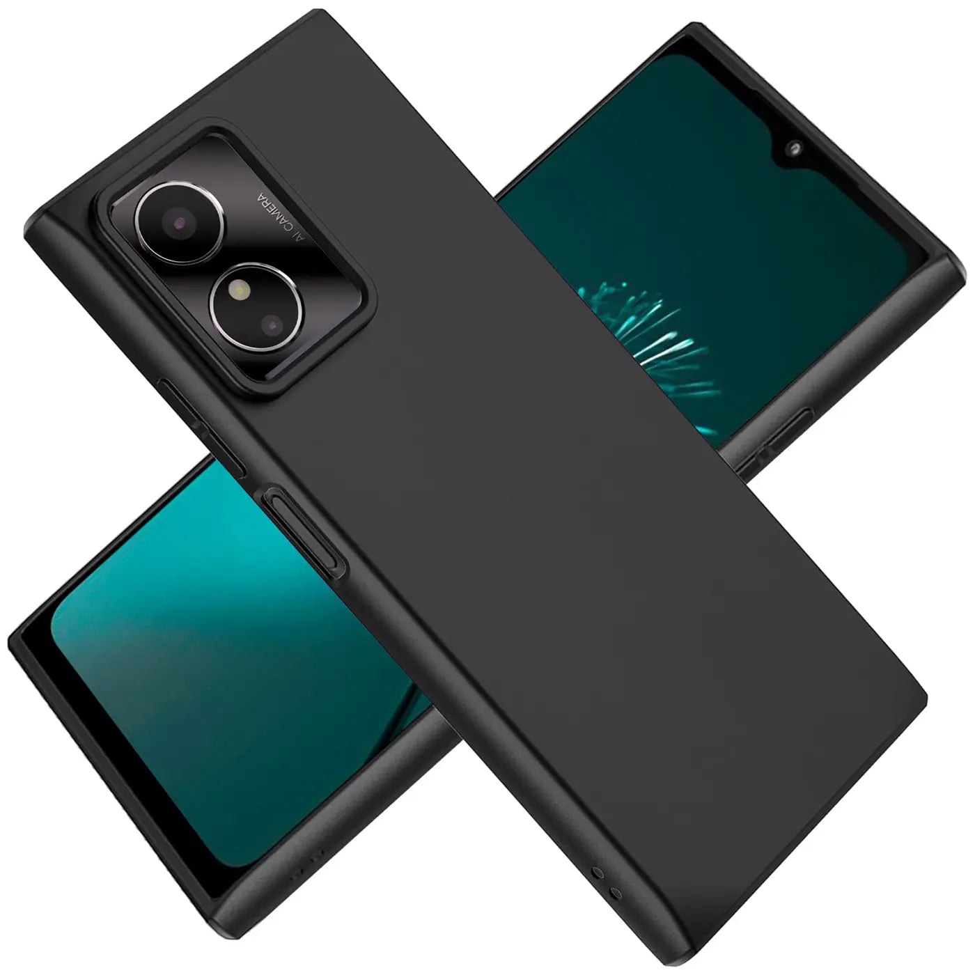 Schwarze matte Silikonhülle auf einem Smartphone, von schräg oben gesehen.
