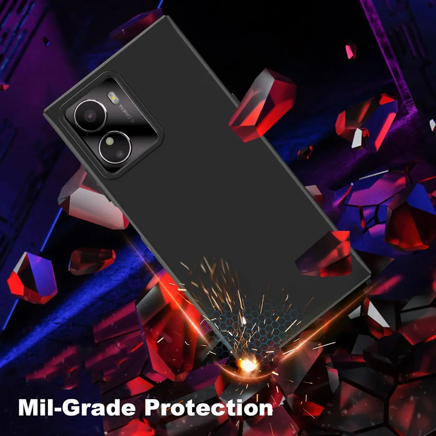 Schwarze Silikonhülle auf einem Smartphone, von schräg oben, mit zerbrechenden Kristallen.