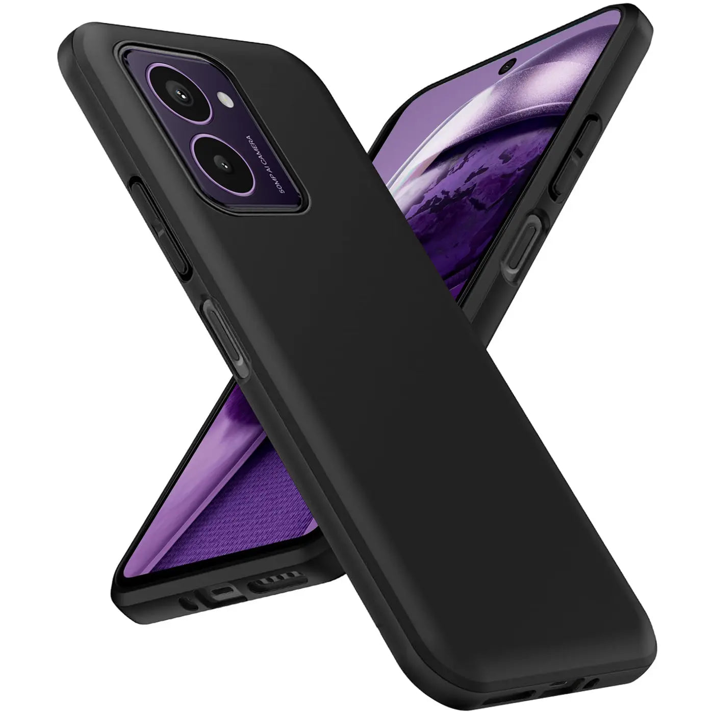 Schwarze Silikonhülle matt, von vorne links, HMD Pulse Pro mit lila Display.