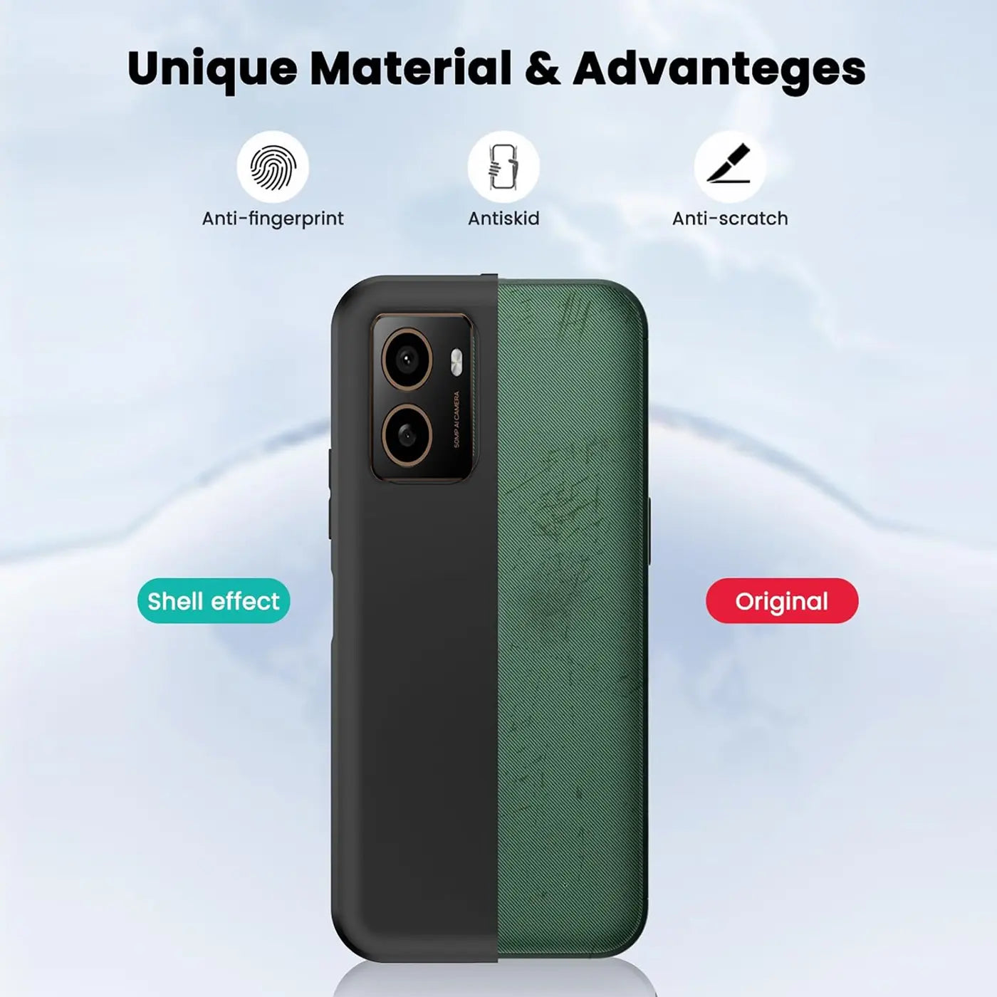 Schwarze Silikonhülle mit grüner Rückseite, von hinten gezeigt, auf einem HMD Pulse Smartphone.